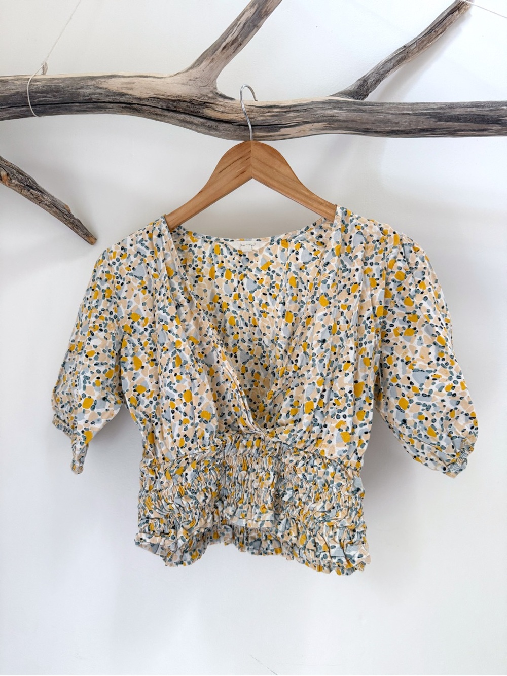 Sim & Sam | Puff Sleeve Smocked Wrap Front Crop Top Cotton Cottagecore Medium